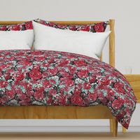 Large Scale Floral Roses and Dahlias in Black, Red, Teal