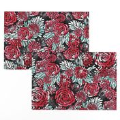 Large Scale Floral Roses and Dahlias in Black, Red, Teal