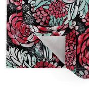 Large Scale Floral Roses and Dahlias in Black, Red, Teal