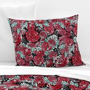 Large Scale Floral Roses and Dahlias in Black, Red, Teal
