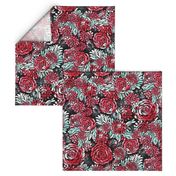 Large Scale Floral Roses and Dahlias in Black, Red, Teal