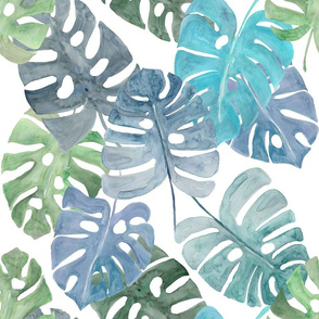 Giant Monstera Leaves Blue/Green Colourway
