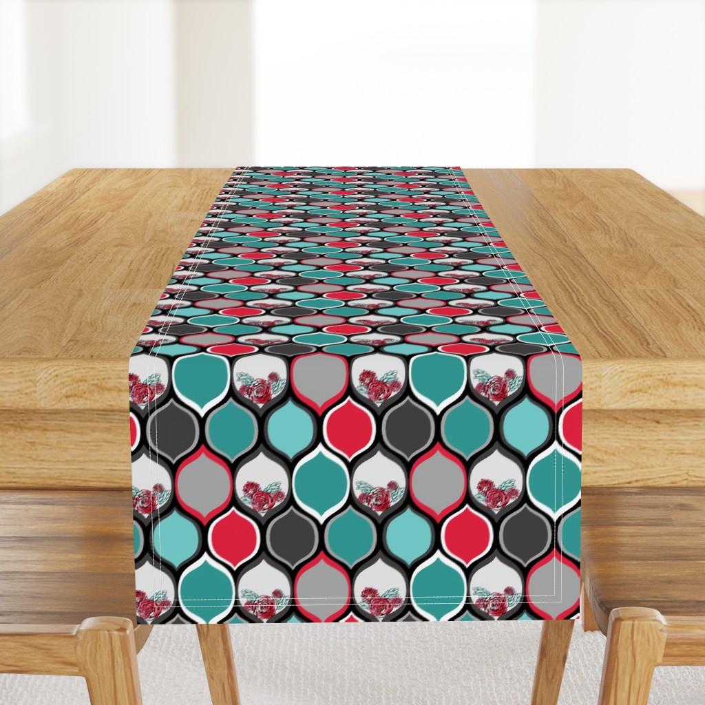 Teal, Black, Red Roses in Bold Ogee Pattern