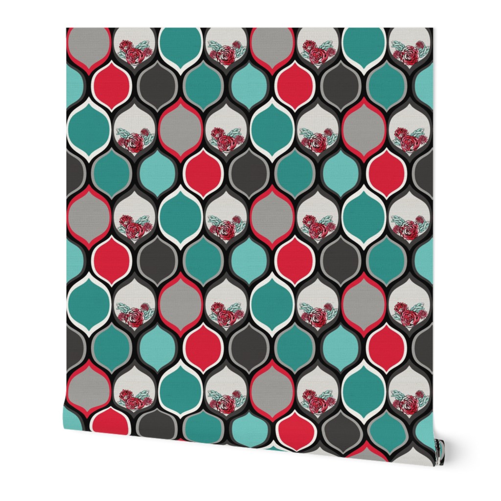 Teal, Black, Red Roses in Bold Ogee Pattern