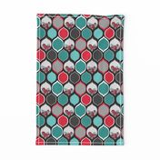 Teal, Black, Red Roses in Bold Ogee Pattern