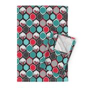 Teal, Black, Red Roses in Bold Ogee Pattern