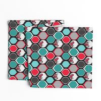 Teal, Black, Red Roses in Bold Ogee Pattern