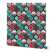 Teal, Black, Red Roses in Bold Ogee Pattern