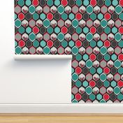 Teal, Black, Red Roses in Bold Ogee Pattern