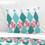 Teal Argyle with Stamped Red Roses