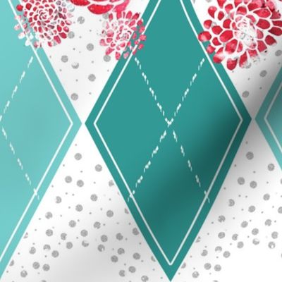 Teal Argyle with Stamped Red Roses
