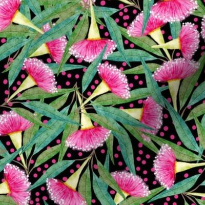 Australian Pink & Green Floral on black