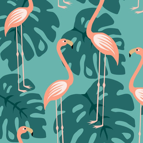 Pink flamingos and tropical leaves 