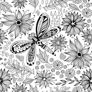 Dragonfly and flowers doodle