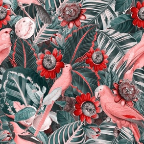 Pierre-Joseph Redouté tropicals Lush hawaiian exotic tropical vintage parrot Jungle in sepia 