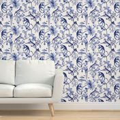 Chinoiserie  - "Whimsy"  -  Blue and White - Large Scale Pattern