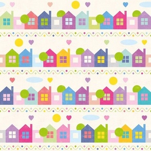 Colorful houses, trees and hearts pattern