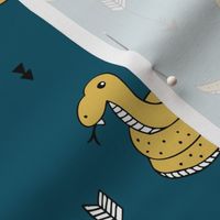 Amazone wanderlust rainforest curious snake and arrows kids animals design teal navy blue ochre yellow