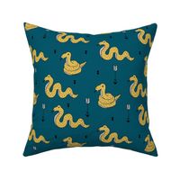 Amazone wanderlust rainforest curious snake and arrows kids animals design teal navy blue ochre yellow