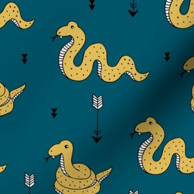 Amazone wanderlust rainforest curious snake and arrows kids animals design teal navy blue ochre yellow