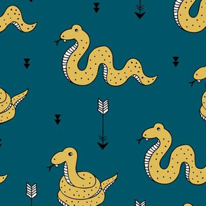 Amazone wanderlust rainforest curious snake and arrows kids animals design teal navy blue ochre yellow