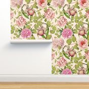 18" Pierre-Joseph-Redoute, Historic pastel Roses and Peonies bouquets fabric on pink
