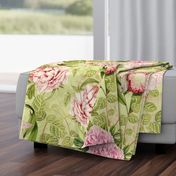 33" Pierre-Joseph-Redoute - Historic pastel Roses and Peonies fabric, green