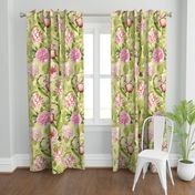33" Pierre-Joseph-Redoute - Historic pastel Roses and Peonies fabric, green