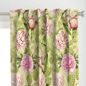 33" Pierre-Joseph-Redoute - Historic pastel Roses and Peonies fabric, green