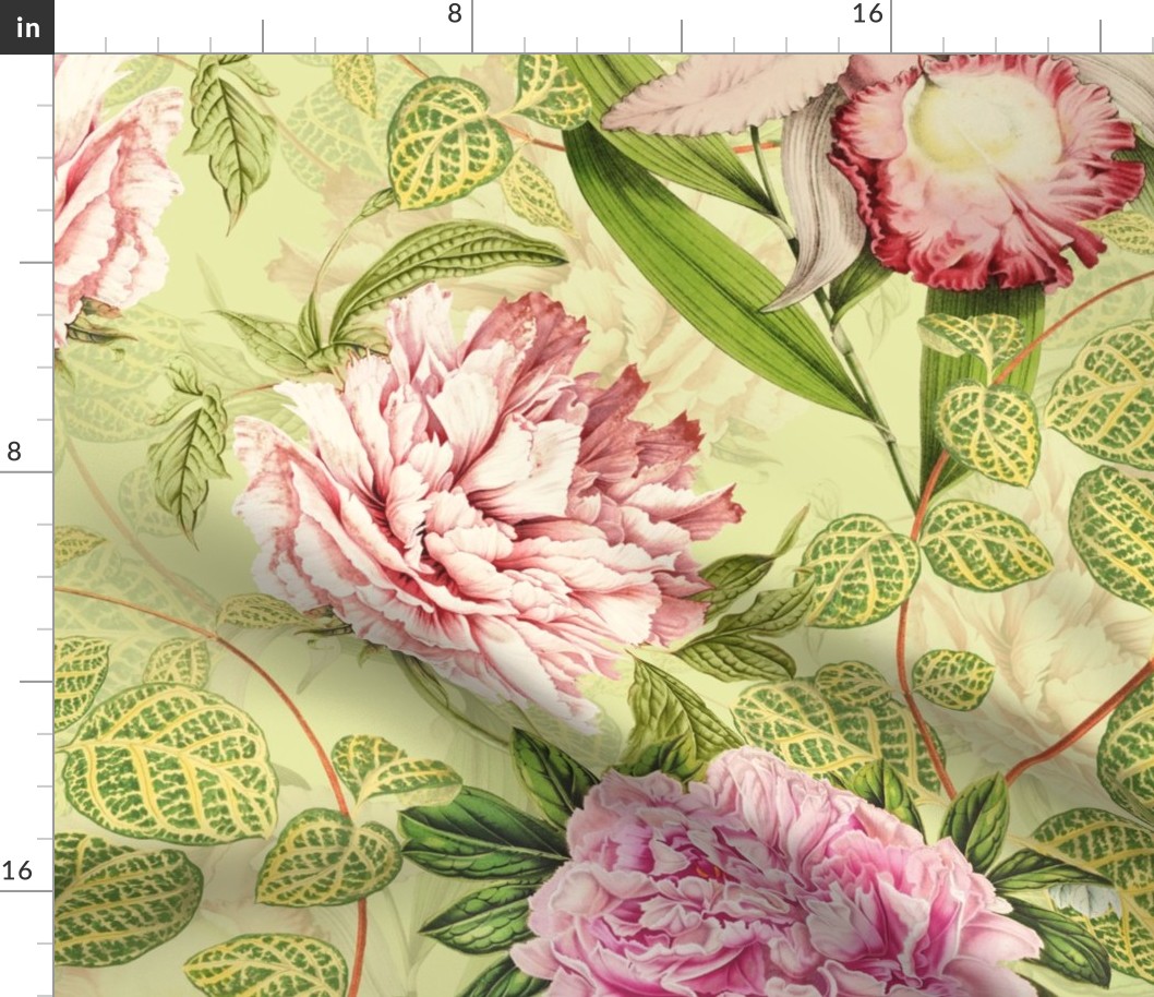 33" Pierre-Joseph-Redoute - Historic pastel Roses and Peonies fabric, green
