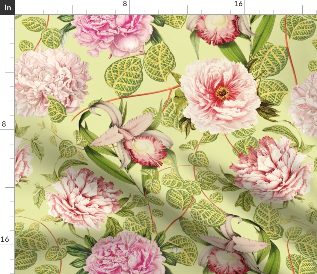 18" Pierre-Joseph-Redouté - Historic pastel Roses and Peonies fabric - redoute roses fabric - Mix and Match - on green