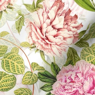 18" Pierre-Joseph-Redoute, Historic pastel Roses and Peonies fabric, white