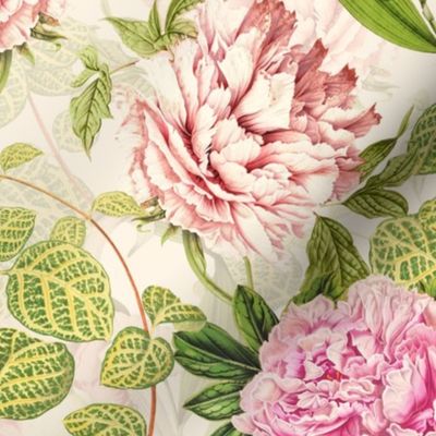 18" Pierre-Joseph-Redoute - Historic pastel Roses and Peonies fabric - redoute roses fabric - Mix and Match -double on blush