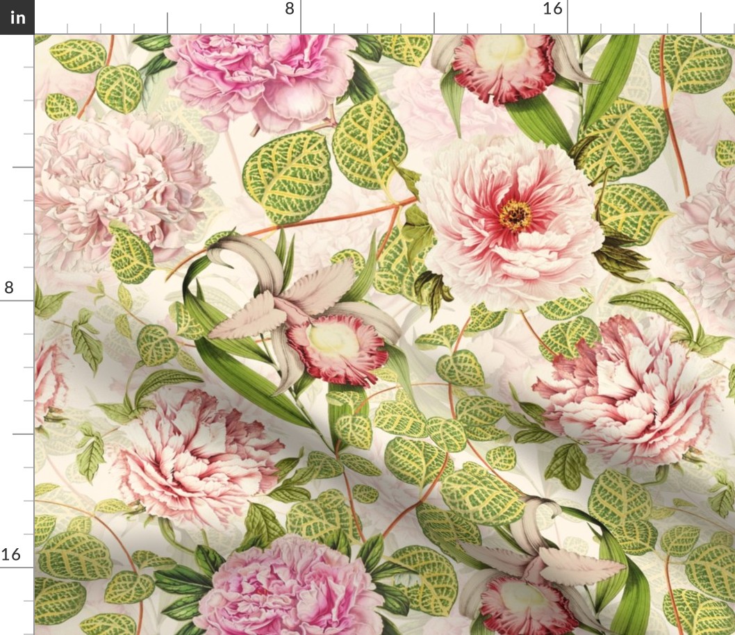 18" Pierre-Joseph-Redoute - Historic pastel Roses and Peonies fabric - redoute roses fabric - Mix and Match -double on blush