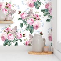 Nostalgic Pink Pierre-Joseph Redouté Roses Hydrangea And Lilacs Bouquet, Antique Flower,  vintage home decor, English Rose Fabric on white perfect for a powder room