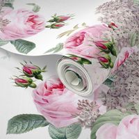 Nostalgic Pink Pierre-Joseph Redouté Roses Hydrangea And Lilacs Bouquet, Antique Flower,  vintage home decor, English Rose Fabric on white perfect for a powder room