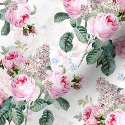 12“  Pierre-Joseph Redouté, Antique Victorian Roses and Lilacs Bouquets on white