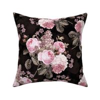Nostalgic Pink Pierre-Joseph Redouté Roses Hydrangea And Lilacs Bouquet, Antique Flower,  vintage home decor, English Rose Fabric on dark black double layer