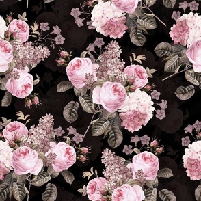Nostalgic Pink Pierre-Joseph Redouté Roses Hydrangea And Lilacs Bouquet, Antique Flower,  vintage home decor, English Rose Fabric on dark black double layer