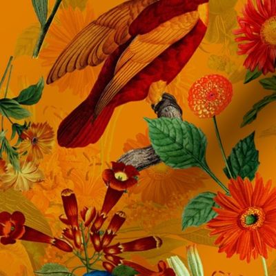 18" Pierre-Joseph Redouté Lush colorful parrot birds tropicals exotic vintage Jungle summer paradise in sepia orange