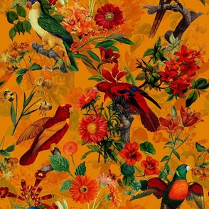 18" Pierre-Joseph Redouté Lush colorful parrot birds tropicals exotic vintage Jungle summer paradise in sepia orange