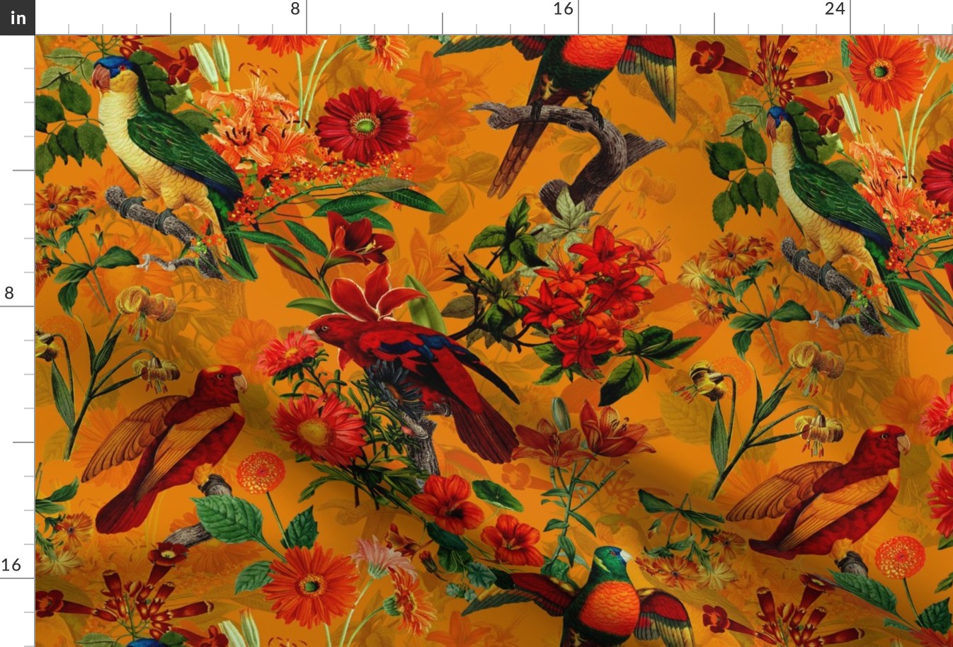 18" Pierre-Joseph Redouté Lush colorful parrot birds tropicals exotic vintage Jungle summer paradise in sepia orange