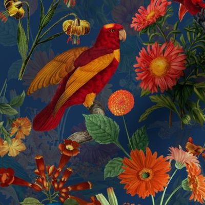 14" nostalgic Pierre-Joseph Redouté Tropical birds in night flower jungle- moody florals Vintage home decor, antique wallpaper,