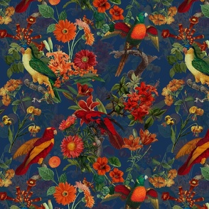 14" nostalgic Pierre-Joseph Redouté Tropical birds in night flower jungle- moody florals Vintage home decor, antique wallpaper,