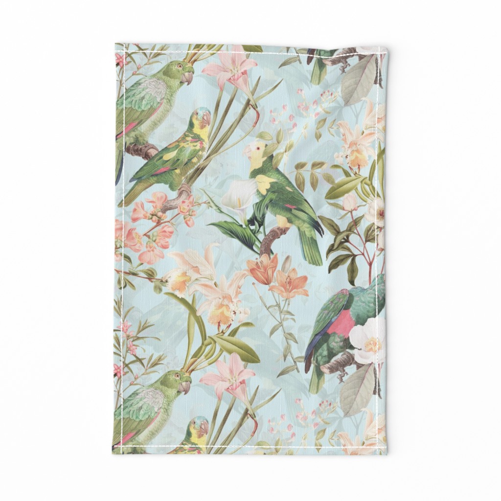 18" Pierre-Joseph Redouté tropicals vintage home decor, antique wallpaper ,Lush hawaiian tropical vintage parrot Jungle summer paradise in sepia turquoise