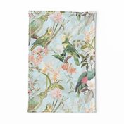 18" Pierre-Joseph Redouté tropicals vintage home decor, antique wallpaper ,Lush hawaiian tropical vintage parrot Jungle summer paradise in sepia turquoise