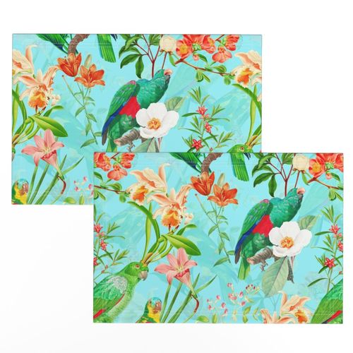 18" Pierre-Joseph Redouté tropicals Lush hawaiian tropical vintage parrot Jungle summer paradise in fresh turquoise