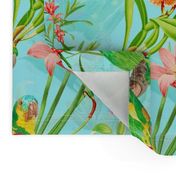 18" Pierre-Joseph Redouté tropicals Lush hawaiian tropical vintage parrot Jungle summer paradise in fresh turquoise