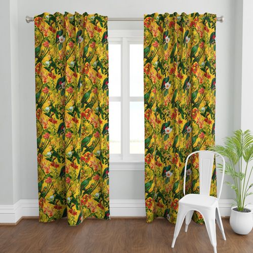 18" Pierre-Joseph Redouté tropicals Lush hawaiian tropical vintage parrot Jungle summer paradise in dark yellow