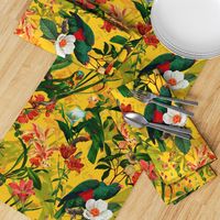 18" Pierre-Joseph Redouté tropicals Lush hawaiian tropical vintage parrot Jungle summer paradise in dark yellow